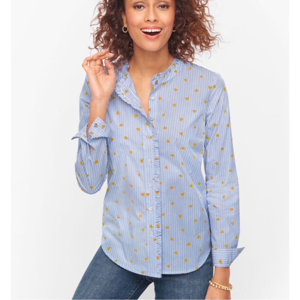 Talbots Ruffle Striped Heart Print Button Down Sh… - image 1